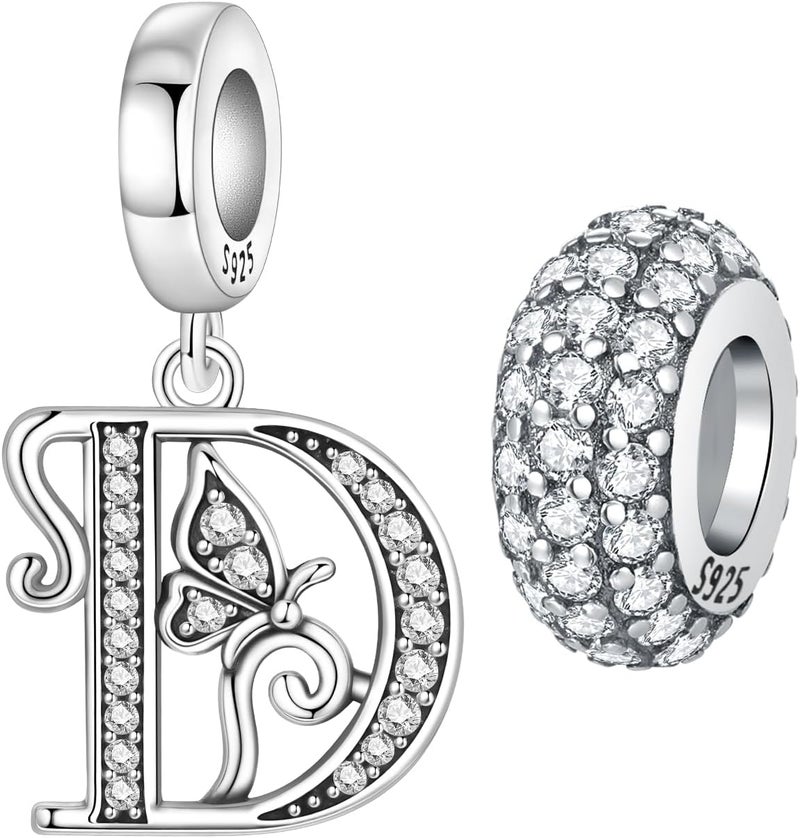 PANPOKI Store 2 Pack 925 Sterling Silver Butterfly Letter Charms for Bracelets and Necklace Alphabet Initial Dangle Pendants Round Spacer Beads Pave Cubic Zirconia Jewelry Gift for Women - Image 1